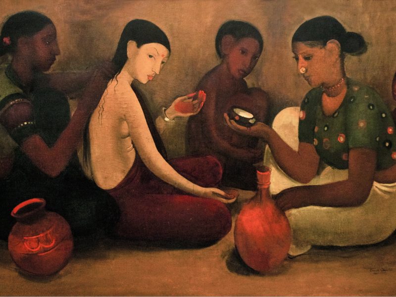 Five seated figures preparing a bride, painted in warm earth reds and greens.